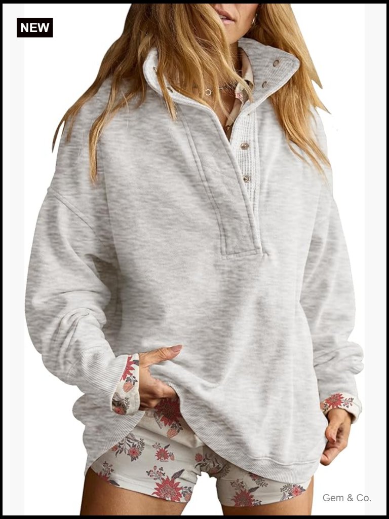 Oversized Long Sleeve Button Henley Sweatshirt Pullover
